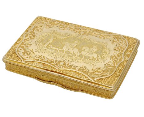 A gold snuff box, probably English, circa 1720, of rectangular form, richly decorated throughout, the hinged cover chased wit