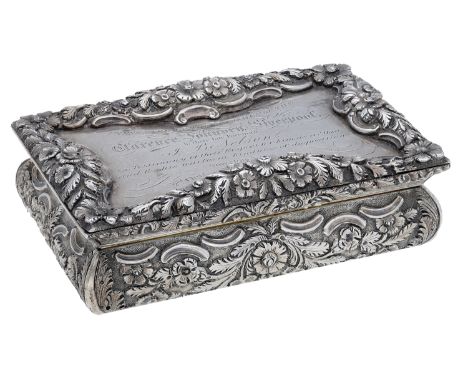A William IV silver snuff box by Nathaniel Mills, of rectangular form, the lid engraved with presentation inscription, the si