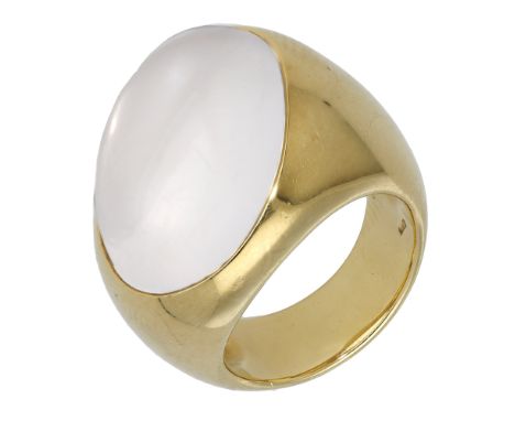 An agate ring by Pomellato, the broad tapering ring diagonally-set with an oval agate cabochon, signed, French and Italian as