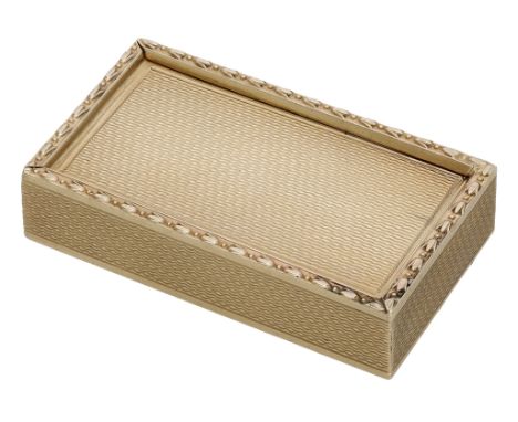 A 9ct gold pill box, of rectangular form, with sliding lid, engine-turned decoration throughout, by S J Rose & Son, London 19
