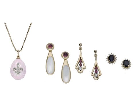 A pink enamel pendant on chain and three pairs of gem-set earrings, the egg with pink guilloché enamel and applied diamond-se