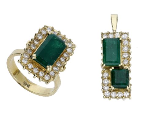 An emerald and diamond pendant and ring suite, set with step-cut emeralds and brilliant-cut diamonds, stamped ‘18K’, total di