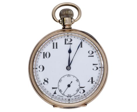 Swiss. A gold open-faced keyless watch, 1911. Movement: manual winding, 15 jewels. Dial: white enamel dial, Arabic numerals, 