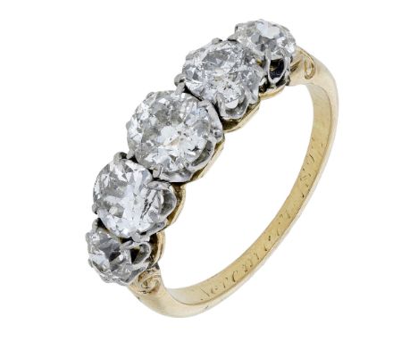 A five stone diamond ring, claw-set with graduated old brilliant-cut diamonds, gold mounted, indistinct engraving to the inne