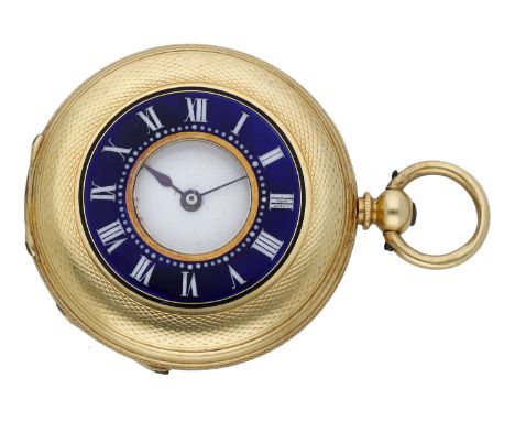 Swiss. A gold and enamel half-hunting cased watch, circa 1880. Movement: cylinder escapement. Dial: white enamel, Roman numer