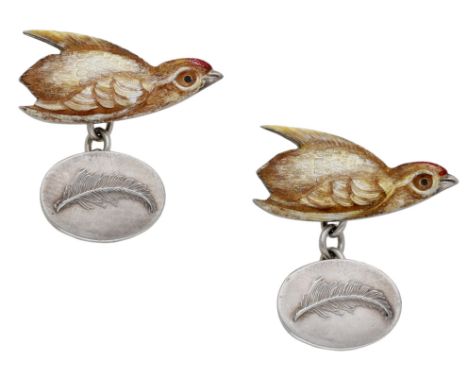 A pair of silver and enamelled bird cufflinks by Joan MacKarell, 2006, modelled as birds in flight decorated in shades of gol