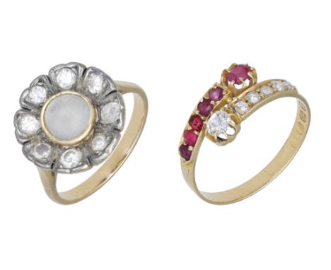 Two gem-set rings, the first a moonstone and diamond cluster ring, centred with a cabochon moonstone, collet set within a bor