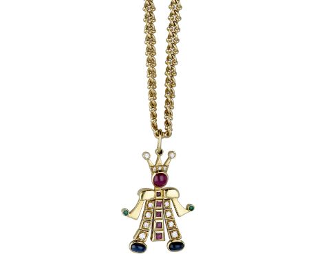 A gem-set ‘Hampelmann’ style pendant on chain, the articulated pendant set with brilliant-cut diamonds, a cabochon ruby to th