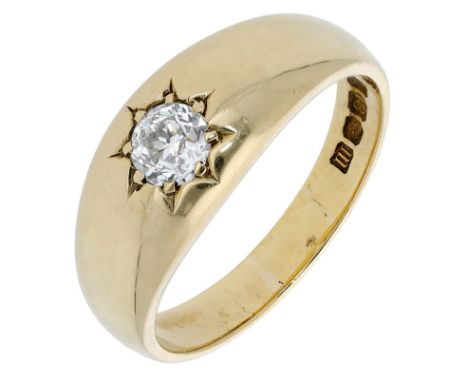 An 18ct gold and diamond-set band ring, 1907, the tapered band set to the front with an old brilliant-cut diamond, London hal