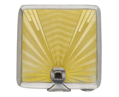 A silver and enamel square compact, the hinged cover with radiating yellow guilloché enamel design, with hinged fastener, by 