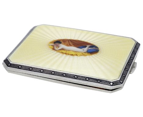 An early 20th century Austrian silver and enamel cigarette case, the pale yellow guilloché enamel hinged lid centred with an 