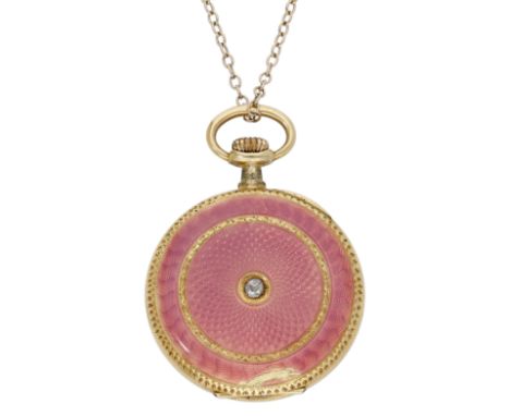 Swiss. A lady’s gold, pink enamel and diamond-set keyless watch, circa 1910. Movement: lever escapement, 15 jewels. Dial: sil