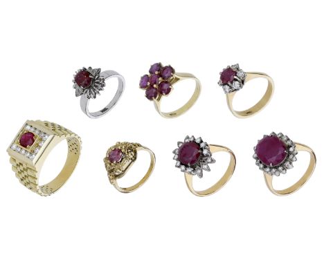 A collection of ruby and diamond rings, comprising three ruby and diamond cluster rings, two ruby and diamond-set dress rings