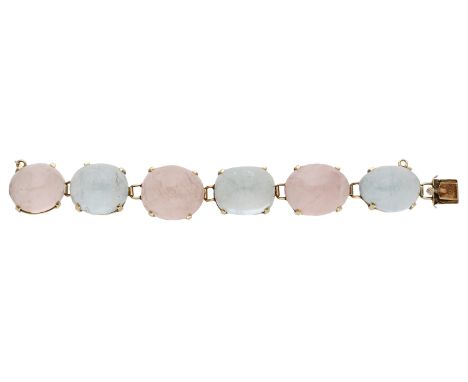 A gem-set cabochon bracelet, alternately set with rose-quartz and pale blue tourmaline cabochons, stamped ‘14K’, length appro