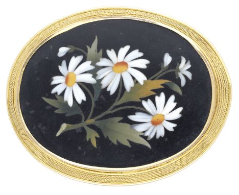 A 19th century pietra dura brooch, the oval plaque inlaid with sprays of daisies, to a gold frame with ropetwist decoration, 