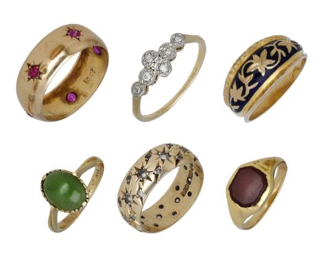 A collection of six vari gem-set rings, comprising two band rings, set with circular-cut pink stones and diamonds respectivel