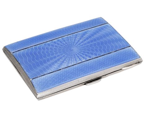 A silver and enamel cigarette case, of rectangular panelled form, the front decorated with mid-blue guilloché enamel, with gi