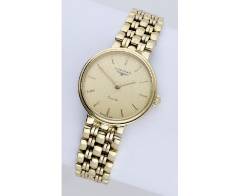 Longines. A lady’s gold bracelet watch, Ref. 5835, circa 1990. Movement: quartz, 6 jewels. Dial: gilt, surface pattern, appli