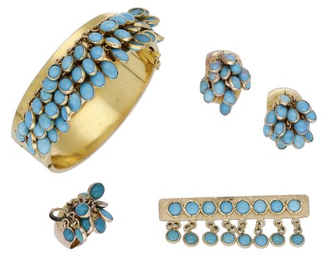 A gold and turquoise suite, comprising a matching bangle, brooch, ring and pair of earrings, each set to the front with tasse