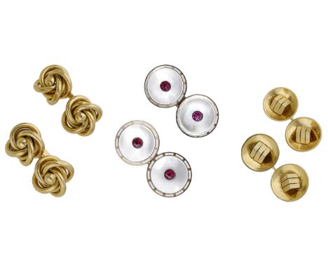 Three pairs of cufflinks, comprising a pair of polished knot cufflinks, a pair of gem-set mother-of-pearl cufflinks with enam