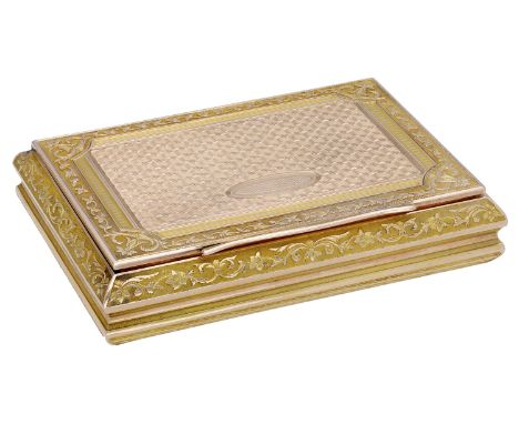 An early 20th century two-colour gold box, the hinged cover and base with engine-turned panels, within repeating meandering b