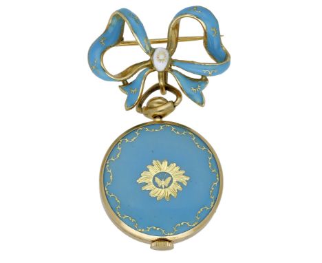 Swiss. A small gold and enamel keyless watch with brooch, circa 1950. Movement: manual winding tonneau-form movement, lever e