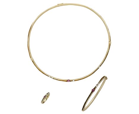 A ruby and diamond necklace, bangle and ring suite by Becker & Reister, of organic design, comprising a tubular choker neckla