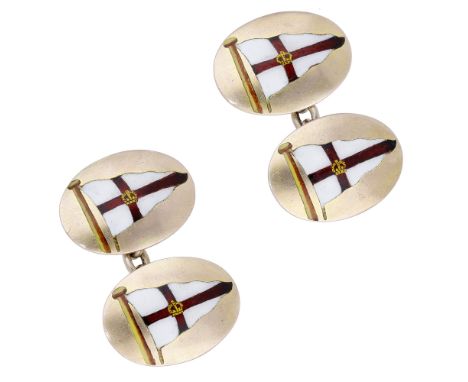 A pair of Royal Yacht Squadron cufflinks, the 9ct gold plaques of oval form with polychrome enamel flags, chain connectors be