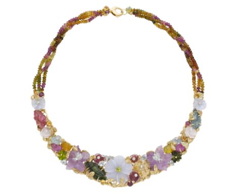 An Italian 18ct gold gem-set floral collar necklace by Giampiero Fiorini,  the front comprising graduating articulated pierce