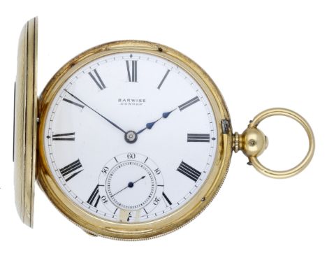 Barwise, London. A gold half-hunting cased watch, 1867. Movement: gilt three quarter plate, lever escapement, no. 12/735. Dia