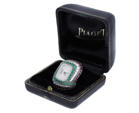 Piaget. A lady’s white gold, emerald, ruby and diamond-set ring watch, ref. 3657, circa 1976. Movement: cal. 6N, manual windi