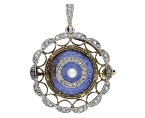 A rose-cut diamond and enamel circular pendant/brooch, circa 1900, centred with blue guilloché enamel, mounted with a single 