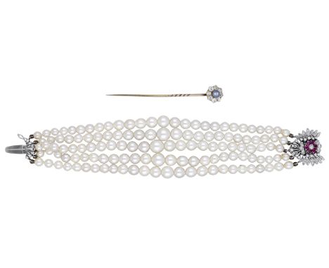 A diamond and pearl cluster stickpin and a cultured pearl bracelet, the 19th century stickpin terminating in a grey pearl (un