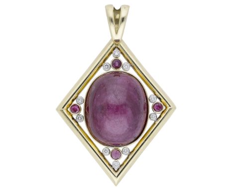 A ruby cabochon and diamond pendant, the oval ruby cabochon with clusters of circular-cut rubies and brilliant-cut diamonds t