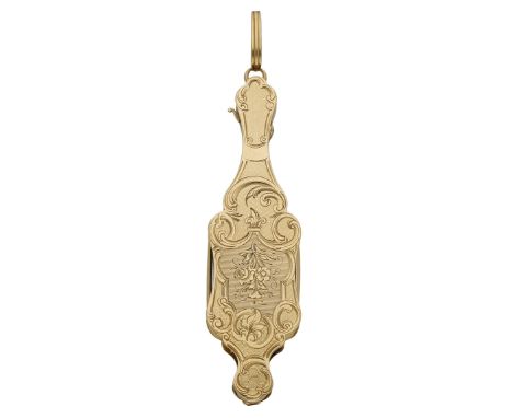 A pair of late 19th century French gold mounted lorgnettes, engraved with scrolls, latticework and floral sprays, on suspenso