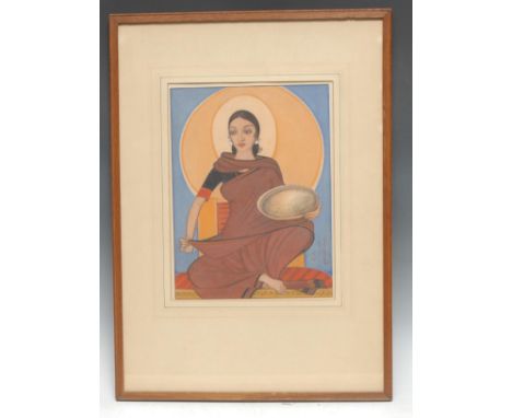Indian Modern School (first-half, 20th century)Portrait of a Matriarch, full-length, seated and holding a bowl of foodindisti