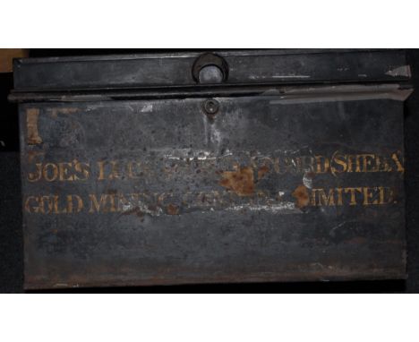 Scripophily: a japanned tin box 52 x 36 x 31cm marked on the side: Joe?s Luck and Bon Accord (Sheba)/Gold Mining Company Ltd.