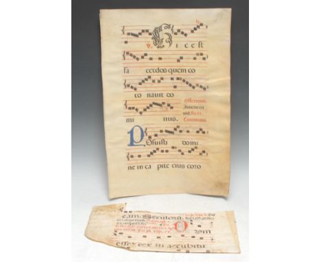 A Medieval hand-scrivened and 'illuminated' vellum manuscript antiphonal leaf, recto and verso with six lines of a Latin chan