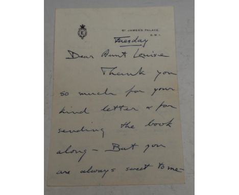 Royalty - Edward VIII, Duke of Windsor (1894-1972), signed David while Prince of Wales, a 2pp ALS to his "Aunt Louise" (presu