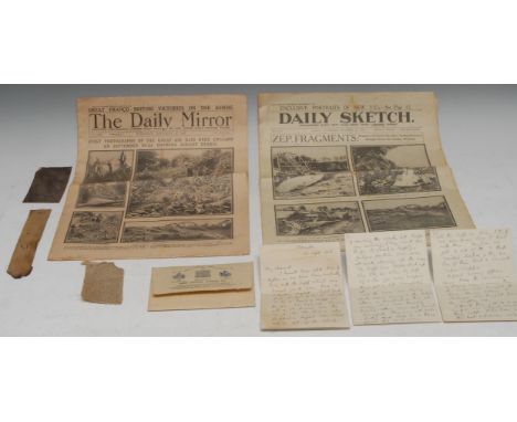 World War One, Kaiserliche Marine, Zeppelin LZ 74 - three canvas fragments salvaged from the airship's wreckage, following Se