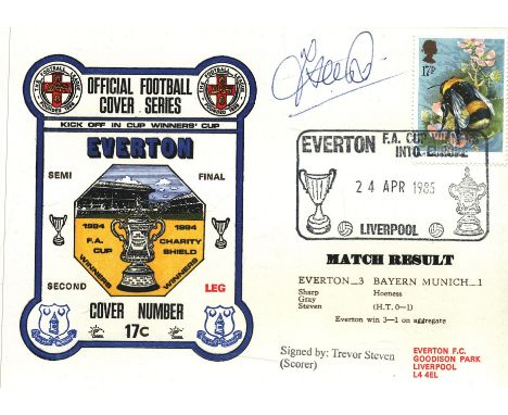 FOOTBALL EVERTON V BAYERN MUNICH 1985 DAWN FIRST DAY COVER SIGNED BY TREVOR STEVEN.  Good condition .  All autographs come wi