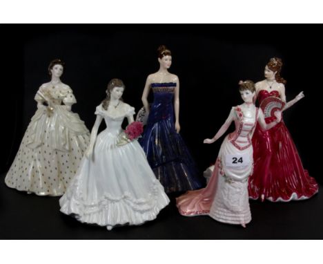 Five Royal Worcester lady figurines including limited edition 'Ruby' and 'Mid Summer Waltz'.