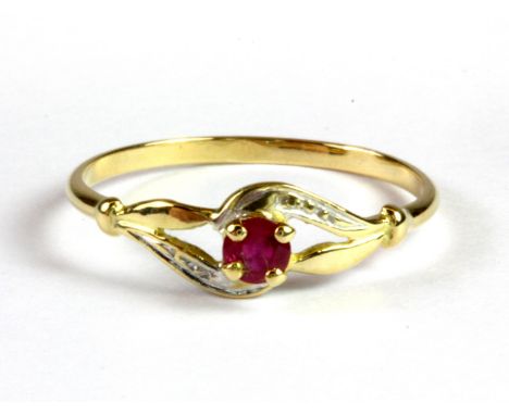 A yellow metal (tested 18ct gold) ruby set ring, (L).