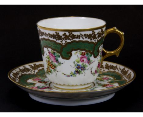 A very fine early 19th century Sevres hand painted porcelain cup and saucer with green ground and roses in a famille rose pal