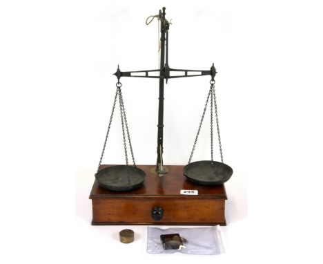 A Victorian mahogany scale and collection of miniature weights, H.45cm.