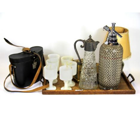 A tray of mixed items including onyx goblets, a granite table lamp etc.