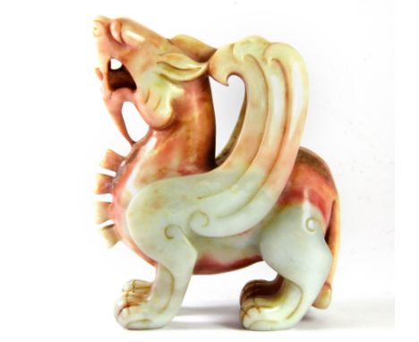 A superb 19th/ early 20th century Chinese mixed colour nephrite jade/hardstone figure of a dragon, H. 10cm.