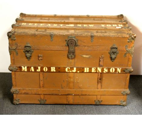 A superb large canvas and wood cabin trunk, prov. Major C. J Benson, 92 x 53 x 63cm.