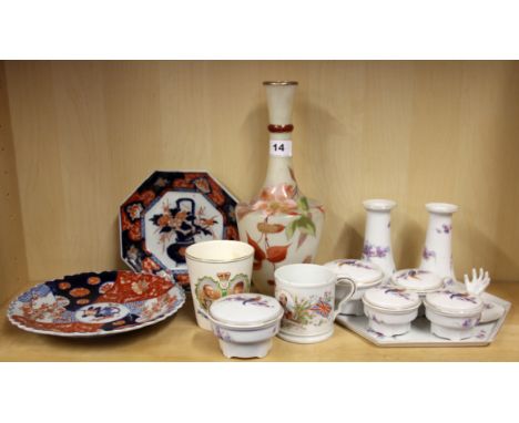 Two Japanese Imari plates, a hand painted opaline glass vase and other items.