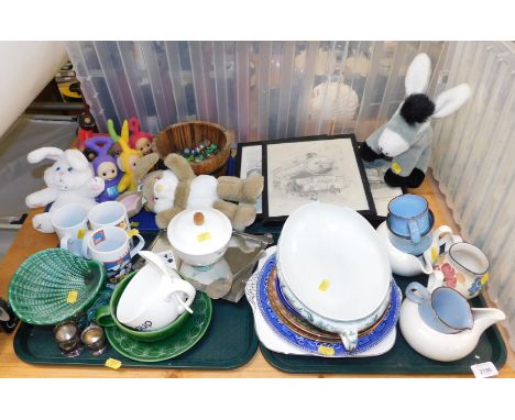 A quantity of kitchen ware, including serving bowls, plates, dishes and milk jugs, together with a series of framed prints of